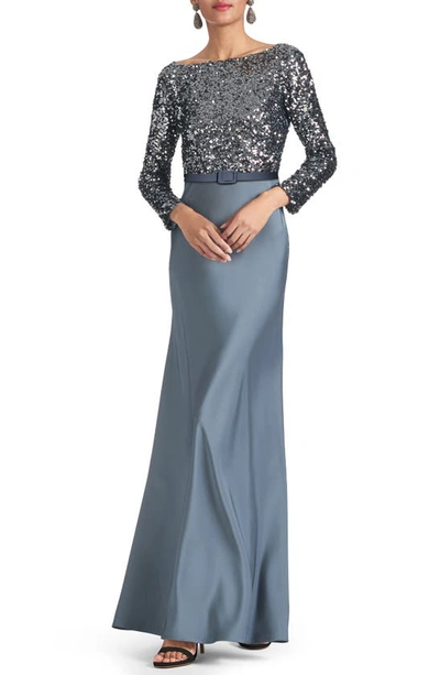 Sachin & Babi Colette Long-sleeve Sequin Satin A-line Gown In Blue