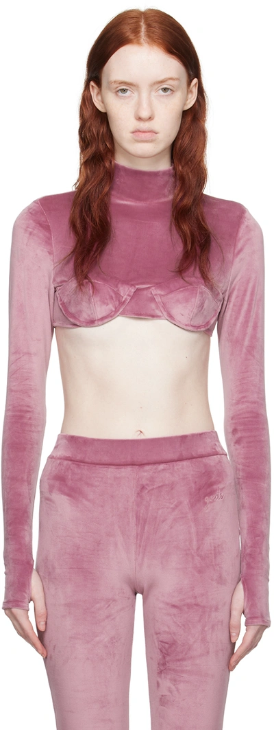 Gcds Cropped Velvet Long Sleeve Top In Pink