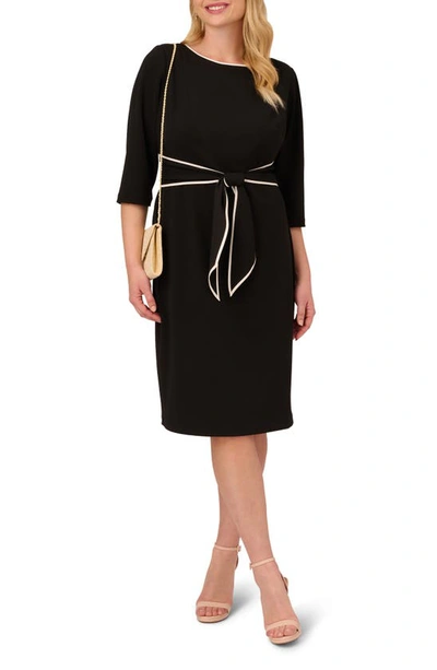 Adrianna Papell Tie Waist Crepe Sheath Dress In Black/ Ivory