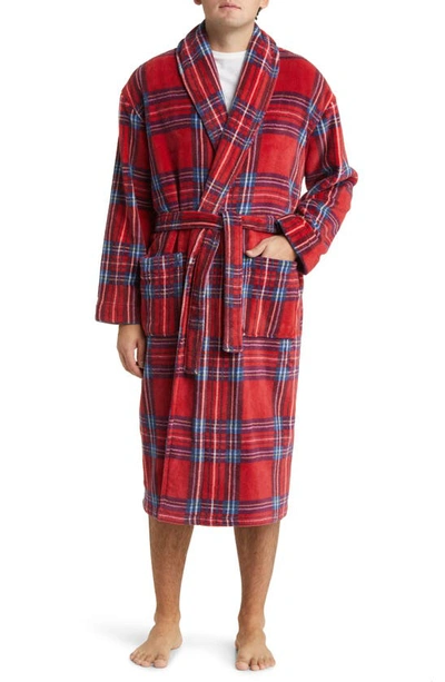 Majestic Plaid Shawl Collar Fleece Dressing Gown In Cherry