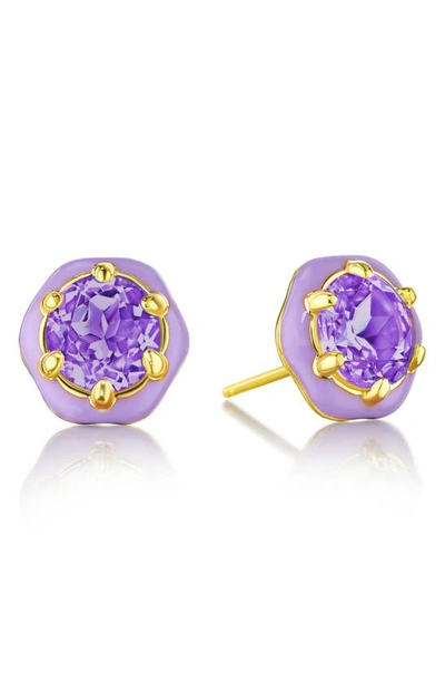 House Of Frosted Jamie 14k Gold Plated Amethyst Enamel Halo Stud Earrings In Purple