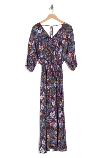 Lovestitch Floral Dolman Sleeve Maxi Dress In Navy/ Berry