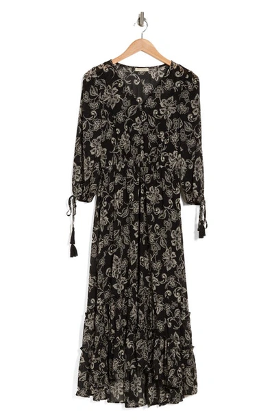 Lovestitch Floral High-low Dress In Black/ Natural