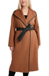 Tahari Juliette Faux Leather Trim Wool Blend Wrap Coat In Caramel