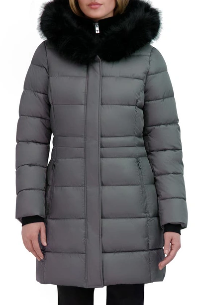 Tahari Dana Puffer Coat With Faux Fur Trim In Steel