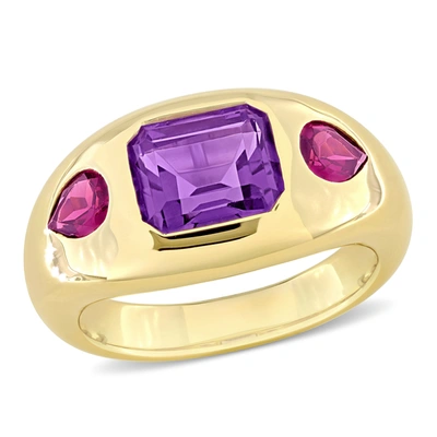 Mimi & Max 3 3/4ct Tgw Octagon Violet Spinel And Pear Shape Rhodolite 3-stone Ring In 14k Yellow Gold In Purple