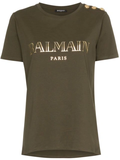 Balmain Button-embellished Printed Cotton-jersey T-shirt In Khaki