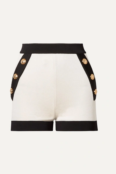Balmain Button-embellished Two-tone Stretch-knit Shorts In White