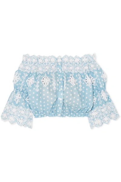 Miguelina Renee Off-the-shoulder Broderie Anglaise-trimmed Polka-dot Cotton Top In Light Blue