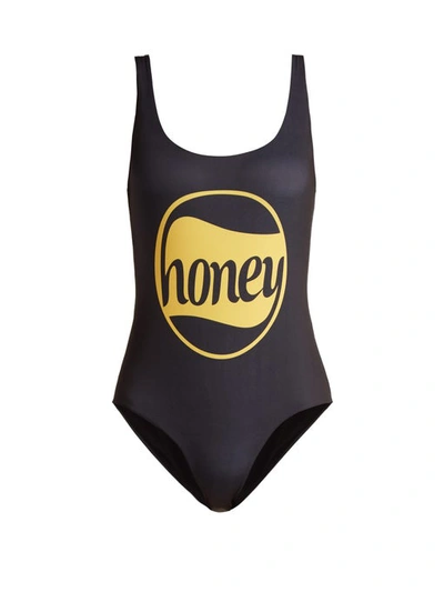 Ganni Charneu Honey-print Swimsuit In Black