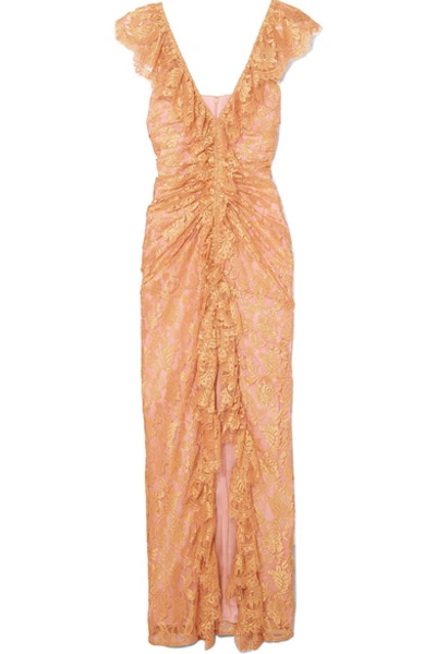 Alice Mccall Notion Ruffled Metallic Chantilly Lace Gown In Pink