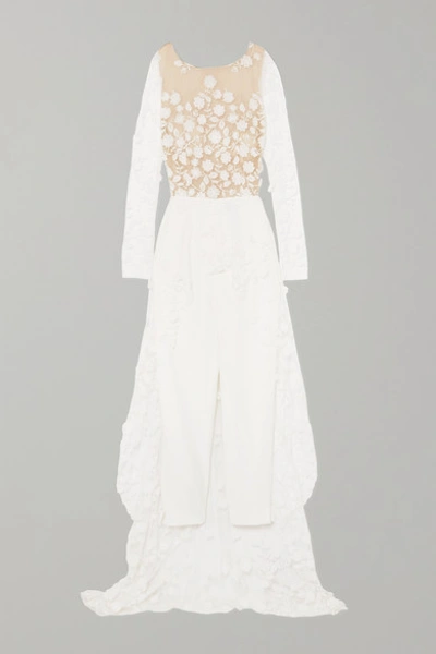 Rime Arodaky Patsy Lace-trimmed Embroidered Tulle And Crepe Jumpsuit In White