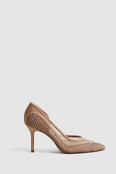 Reiss Nude Keri Embellished Mesh Court Shoes In Brown