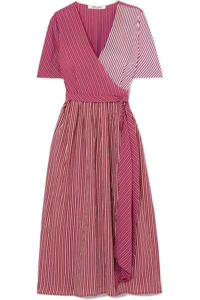 Diane Von Furstenberg Paneled Striped Poplin Wrap Dress In Red