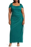 Alex Evenings Cold Shoulder Glitter Column Gown In Emerald Green