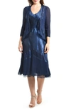 Komarov Beaded Charmeuse & Chiffon Tiered Dress With Jacket In Midnight Navy