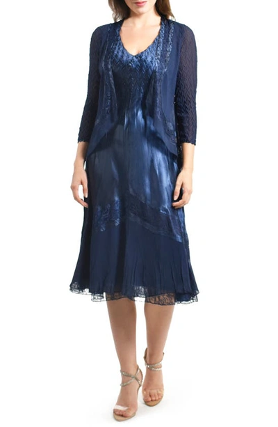 Komarov Beaded Charmeuse & Chiffon Tiered Dress With Jacket In Midnight Navy