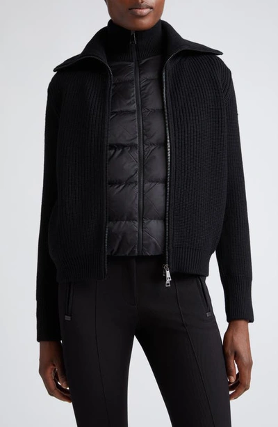 Moncler Rib Wool Cardigan With Removable Down Bib In Black