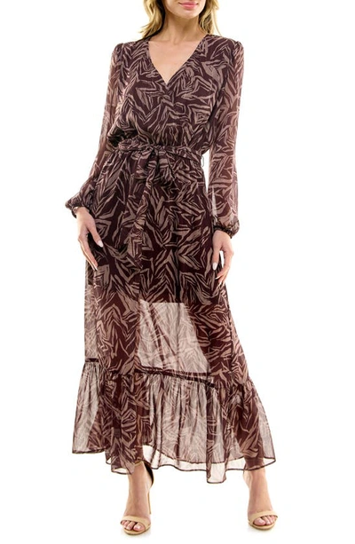 Socialite Sparkle Long Sleeve Maxi Dress In Brown Mocha Print