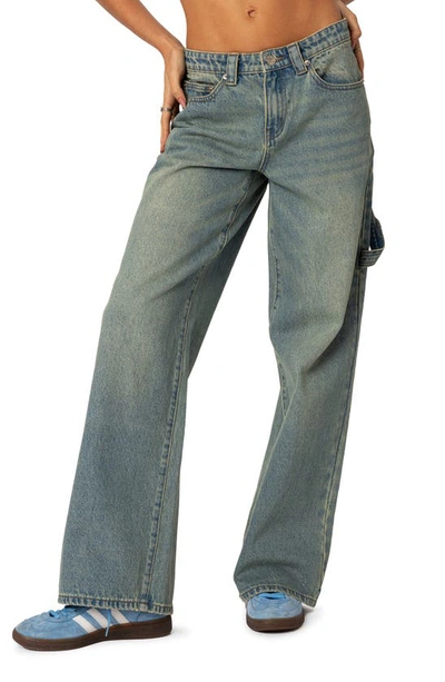 Edikted Low Rise Carpenter Jeans In Blue Washed