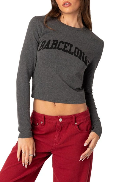 Edikted Barcelona Long Sleeve Cotton Graphic Crop T-shirt In Dark-gray