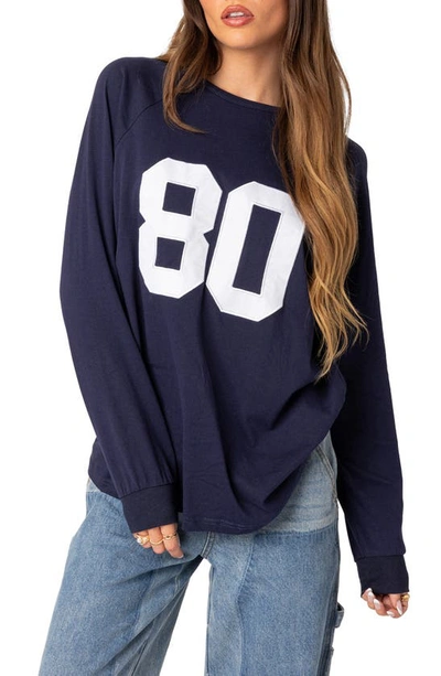 Edikted 80 Oversize Long Sleeve Cotton Graphic T-shirt In Navy