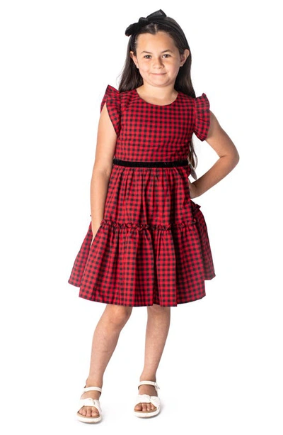 Popatu Kids' Check Tiered Cotton Dress In Black/ Red