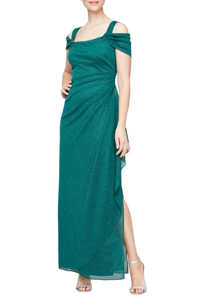 Alex Evenings Cold Shoulder Ruffle Glitter Evening Gown In Emerald Green