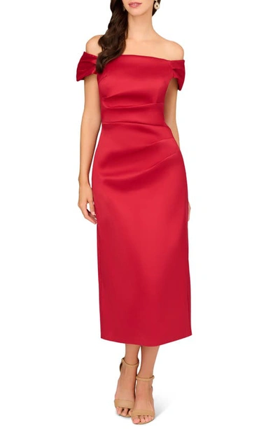 Aidan Mattox Off The Shoulder Mikado Midi Cocktail Dress In Matador Red