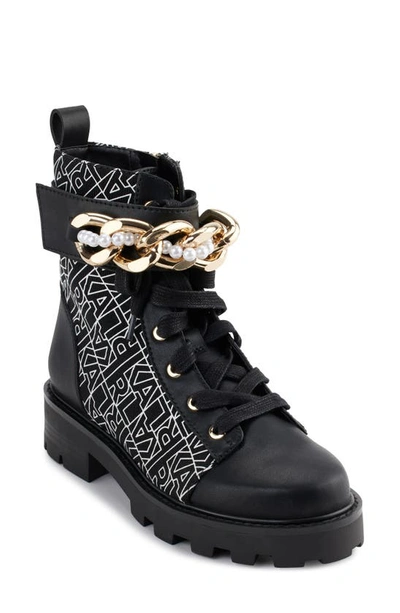 Karl Lagerfeld Curb Chain Lug Sole Combat Boot In Black/ White