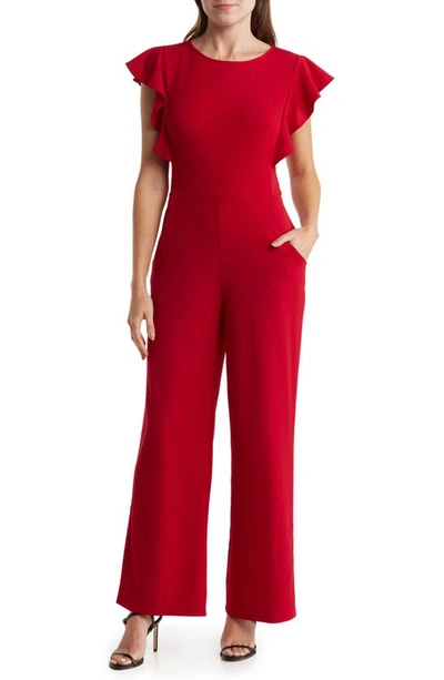 Bebe Ruffle Scuba Jumpsuit In Red