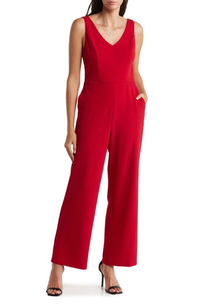 Bebe V-neck Scuba Jumpsuit In Red