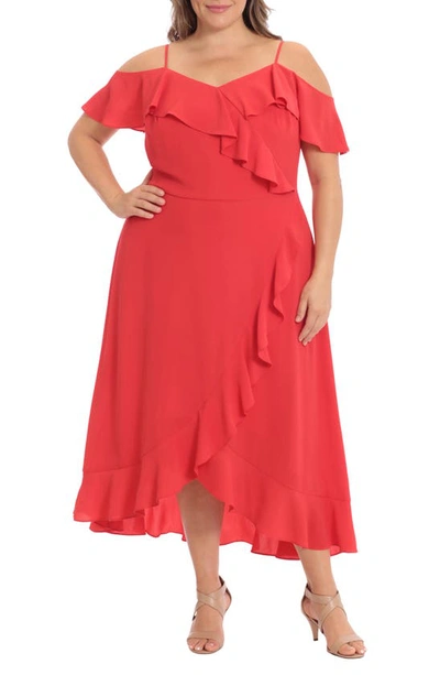 London Times Ruffle Cold Shoulder Maxi Dress In Red