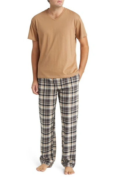 Majestic V-neck T-shirt & Flannel Pyjama Trousers Set In Tobacco
