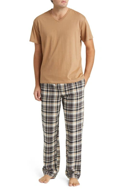 Majestic Men's Short Sleeve And Flannel Pant Pajama Set In Tobacco