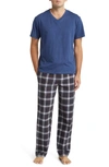 Majestic International V-neck T-shirt & Flannel Pajama Pants Set In Forest/ Blue