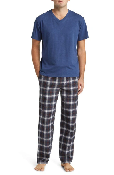 Majestic V-neck T-shirt & Flannel Pyjama Trousers Set In Forest/ Blue