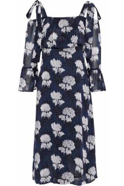 Ganni Woman Monette Cold-shoulder Printed Georgette Dress Storm Blue