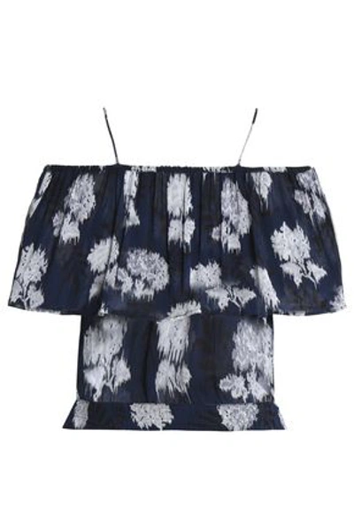 Ganni Woman Cold-shoulder Ruffled Floral-print Georgette Blouse Navy