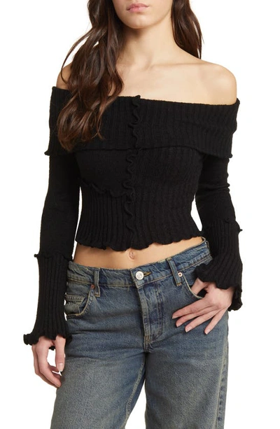 Bdg Urban Outfitters Patchwork Rib Off The Shoulder Crop Sweater In Black