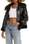 Topshop Faux Leather Aviator Jacket With Faux Fur Trim In Black
