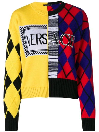 Versace Paneled Printed Intarsia Wool-blend Sweater In Yellow-red