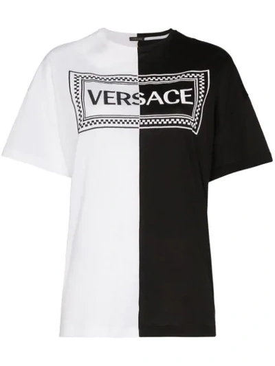 Versace Crewneck Short-sleeve Bicolor Logo Cotton T-shirt In Black