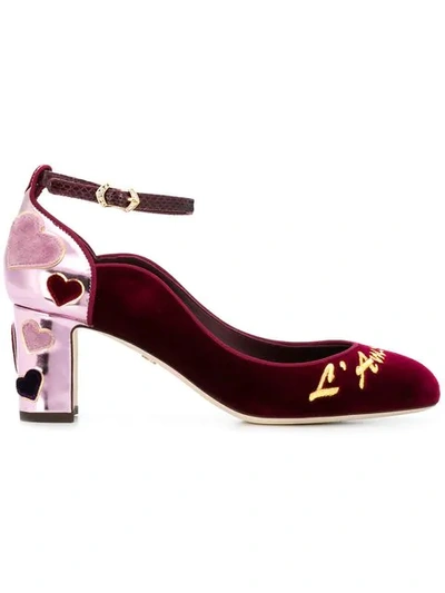 Dolce & Gabbana Velvet Heart Embellished Ankle Strap Pumps In Bordeaux