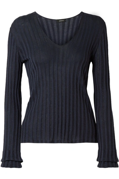 Akris Ribbed Silk-blend Sweater In Dark Denim