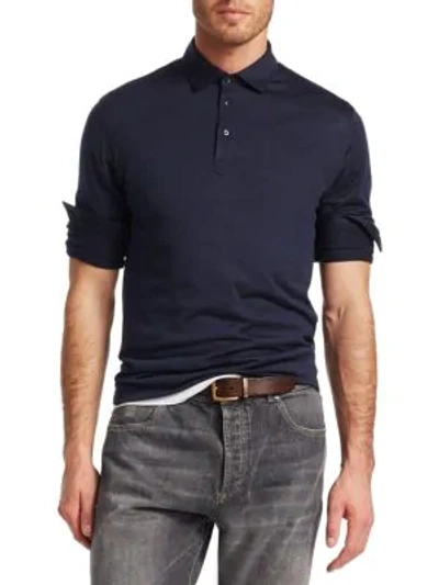 Brunello Cucinelli Long-sleeve Spread Collar Polo In Blue Ocean