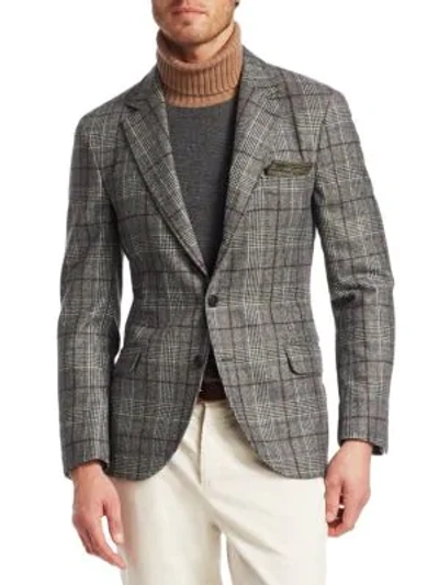 Brunello Cucinelli Glen Plaid Wool Blazer In Grey Brown