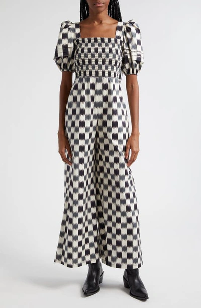 Autumn Adeigbo Nicollette Check Puff Sleeve Jumpsuit In Black/ White Brushed Check