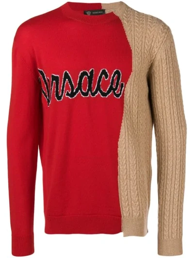 Versace Wool Logo Half-&-half Knit Sweater In Red