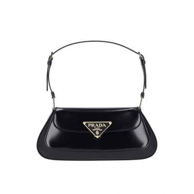 Prada Brushed Leather Shoulder Bag With Logo In Black | ModeSens